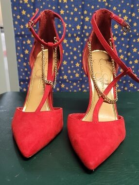 Red Suede Pointed-Toe Ankle-Strap Heels with Gold Chain